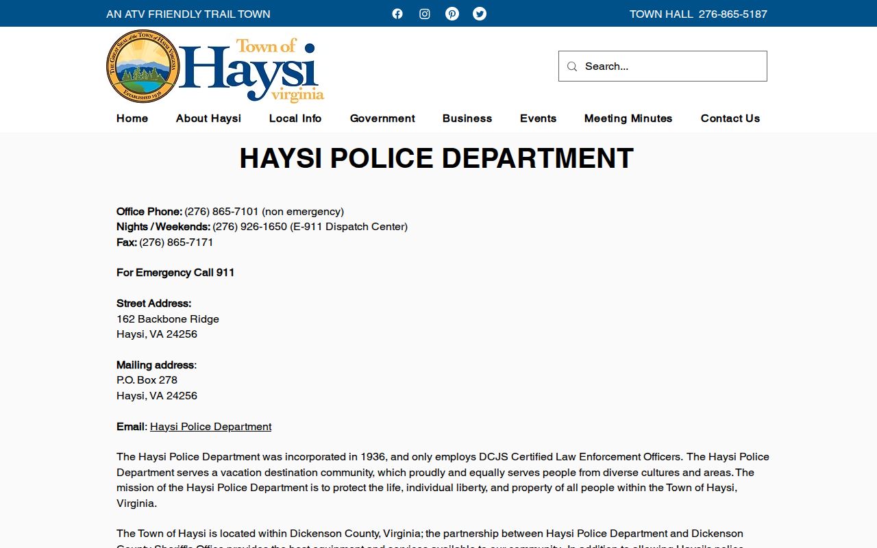 Haysi Police Department contact for Dickenson County warrant routing