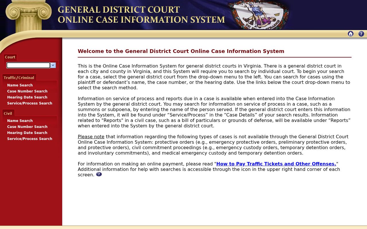 Dickenson County General District Court selector for a warrant case search