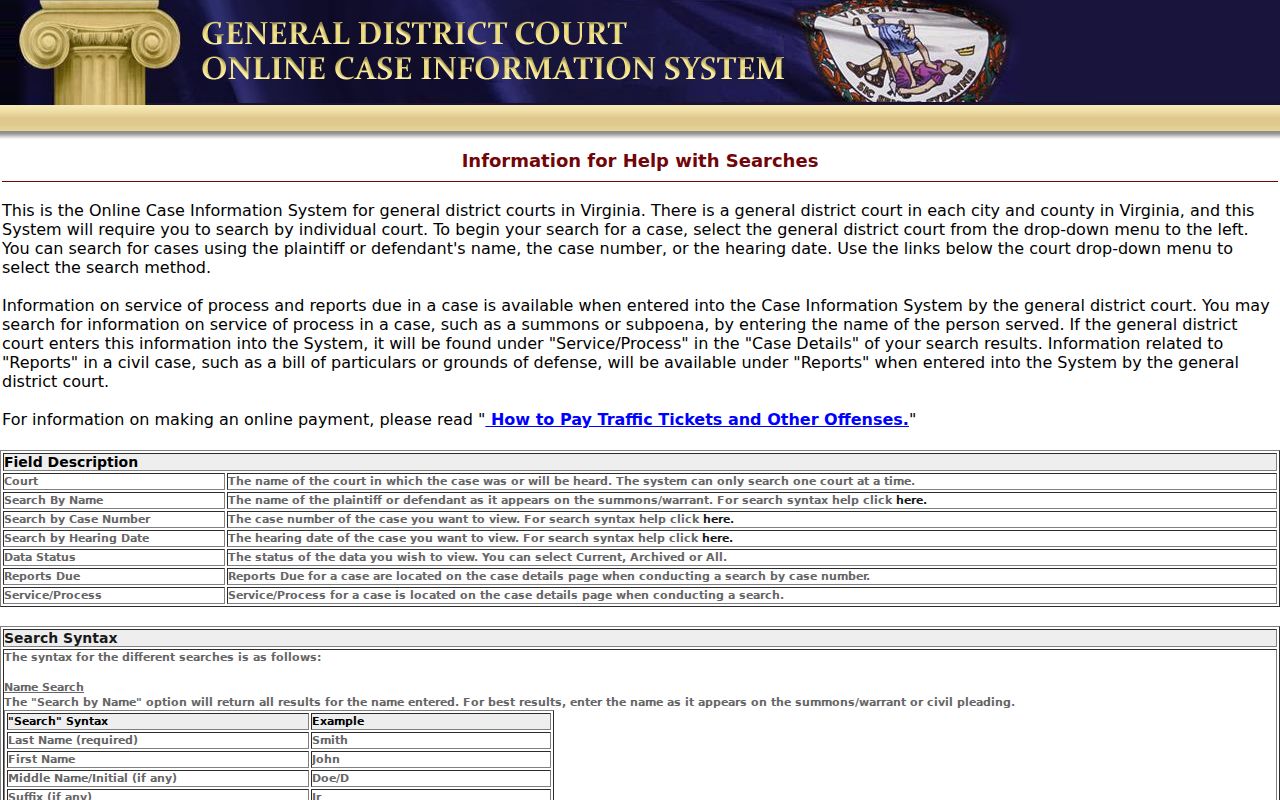 Dickenson County General District warrant search help fields
