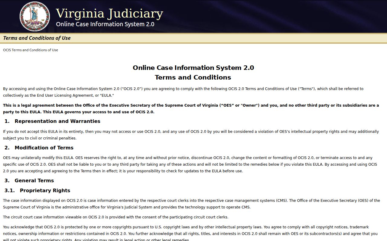 Dickenson County warrant records in the Virginia OCIS search interface